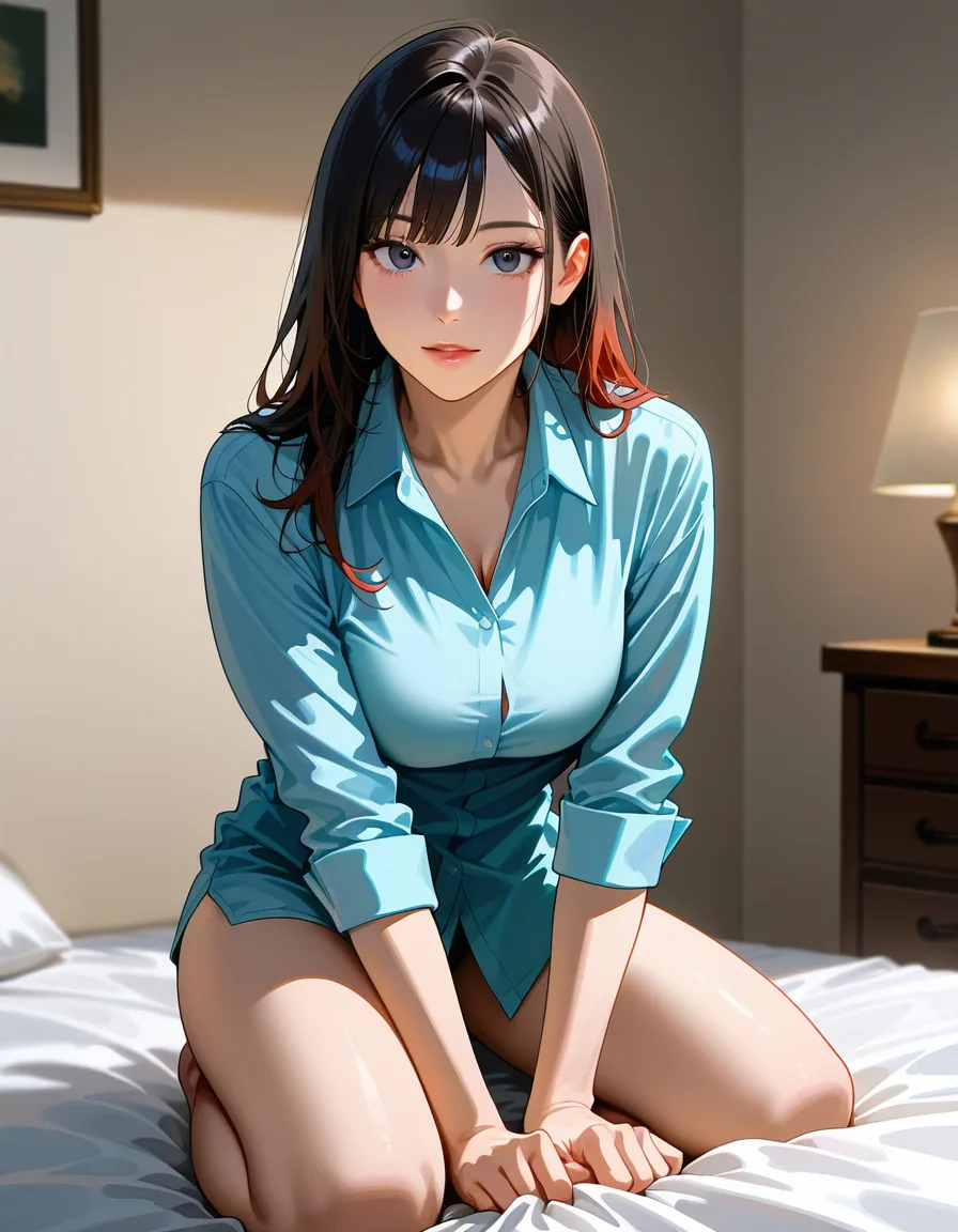 dslr, film grain, photorealistic, solo female, athletic build, collared shirt, kneeling on bed, bed sheet, portrait, RAW photo, hentai_studio_quality