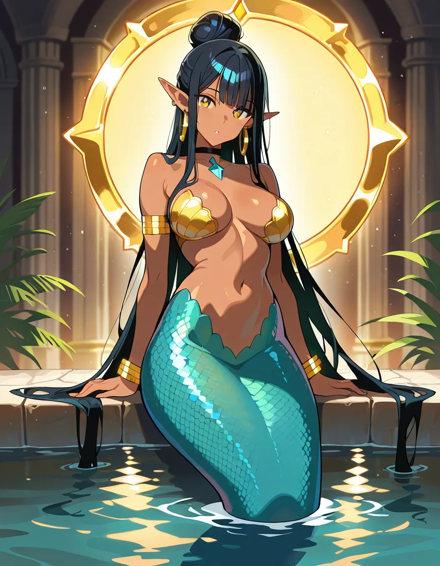 masterpiece, best quality, clean modern 2D anime illustration, adult fictional mermaid woman age 25, solo 1girl, one character only, dark-tan skin, long black hair with a high bun and bangs flowing in water, amber gold eyes, pointed elf ears with gold hoop earrings, black choker with a teal diamond gem, gold bracelet, gold armband, delicate gold shoulder chain, topless bare breasts, black bikini top removed, semi-prone in shallow turquoise water, propped on both arms, looking back over her right shoulder, charcoal-black glossy mermaid tail, gold arrowhead hip ornament, yellowish-gold fluke, sandy beach and bright sky behind, exact three-quarter camera angle, no other people, no duplicate character, natural proportions, detailed water reflections, (anime style:1.3), 2d, anime screencap, cel shading, flat color