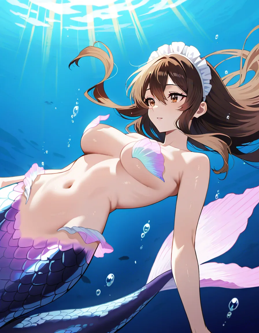 single adult 18+ anime woman Celine, unmistakably brunette with very long dark brown hair, warm brown eyes, fair skin, elegant mature face, white frilly maid headband only, completely nude torso with bare breasts clearly visible, no clothing on chest, dark iridescent navy and purple mermaid tail, translucent pink-violet fluke, underwater, strong sunbeams, bubbles, graceful full body pose, detailed anime hentai art, no blue hair, no blue-haired mermaid, no clothes covering breasts, no extra characters, no legs, no text, no watermark, hentai_studio_quality