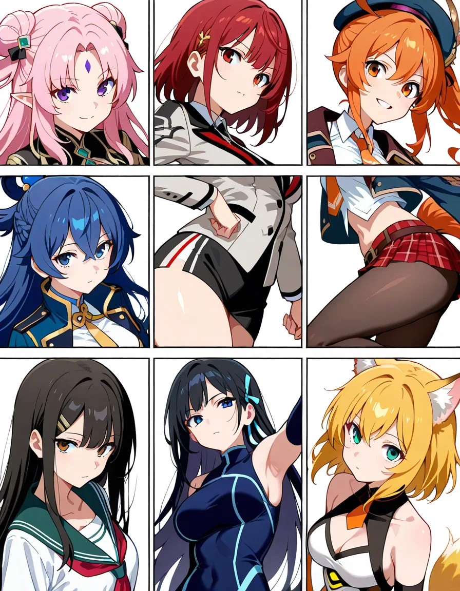 masterpiece, best quality, 6+girls, tail, leg up, confident gaze, three-quarter view, manga panel look, hentai_studio_quality