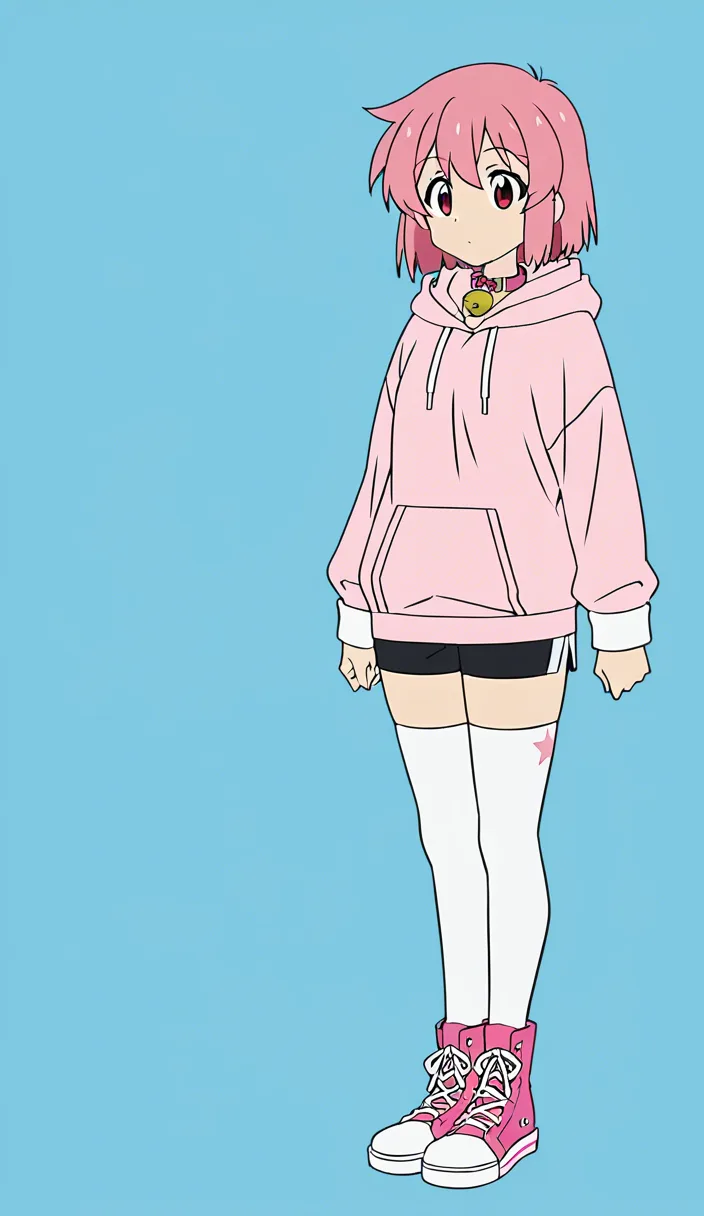 he is a femboy, he has a pink hoodie on, and black gym shorts, tight, and small, white thigh high stockings and pink converse high tops. he has white wrist cuffs on his arms. he has a pink collar on his neck, with a bell. he has pink, short messy hair, with a frilly white headband atop his head, he is slender and has a petite and skinny build, except for his thighs and butt.  he has white garters attached to his socks, that are white leather with pink frills. his hands are tied behind his back, and he is gagged with a white cloth, his ankle are tied together, and he has a shibari chest harness, he makes muffled noises behind the gag, and struggles on the ropes.