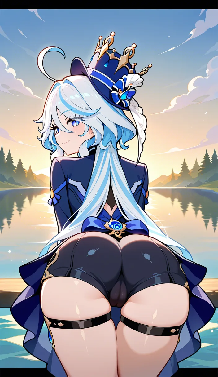 Masterpiece, Genshin impact stylem Furina, from from behind , shorts, cameltoe, lake, look at viewer, outfit, smile,.,,, value:0.1 for: hentai_studio_quality.,,,,,,,,,, hentai_studio_quality