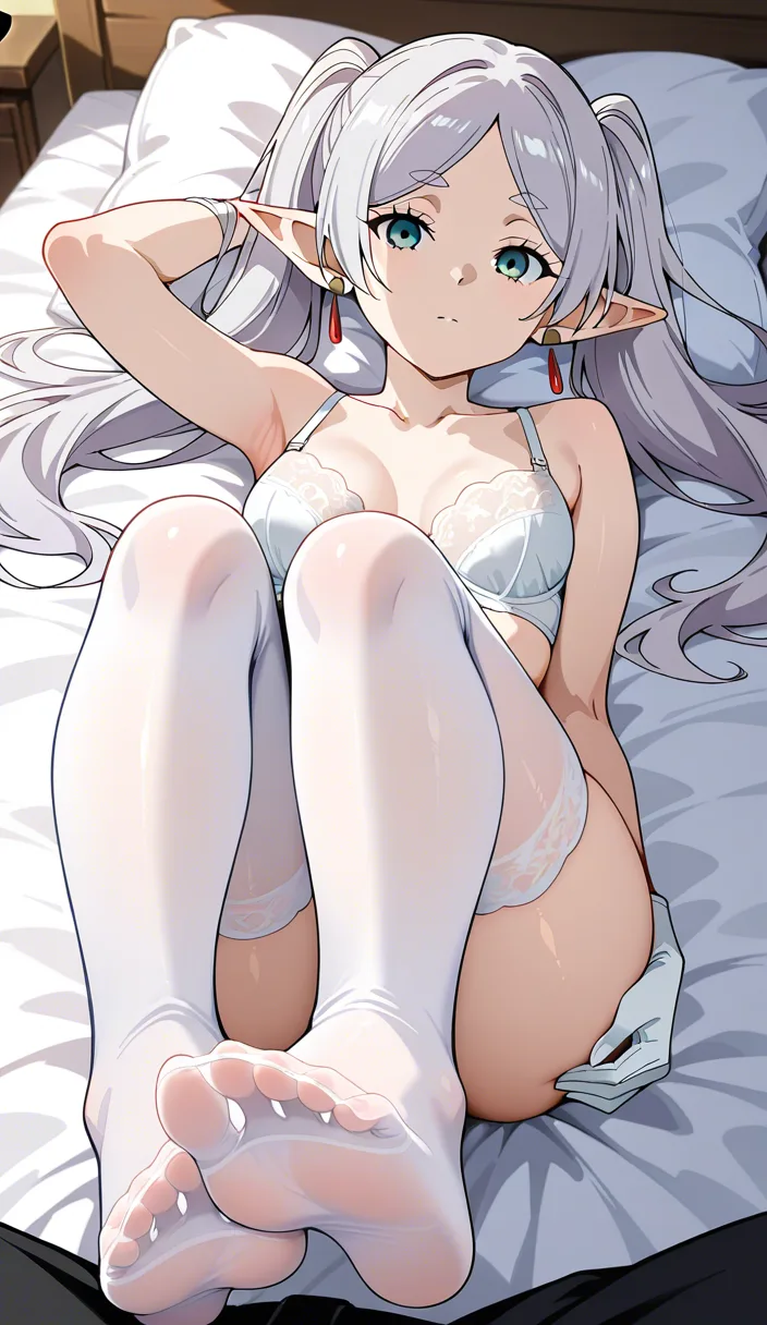 @frieren #bra #white_gloves #white_thighhighs #on_back #feet #foot_focus, hentai_studio_quality