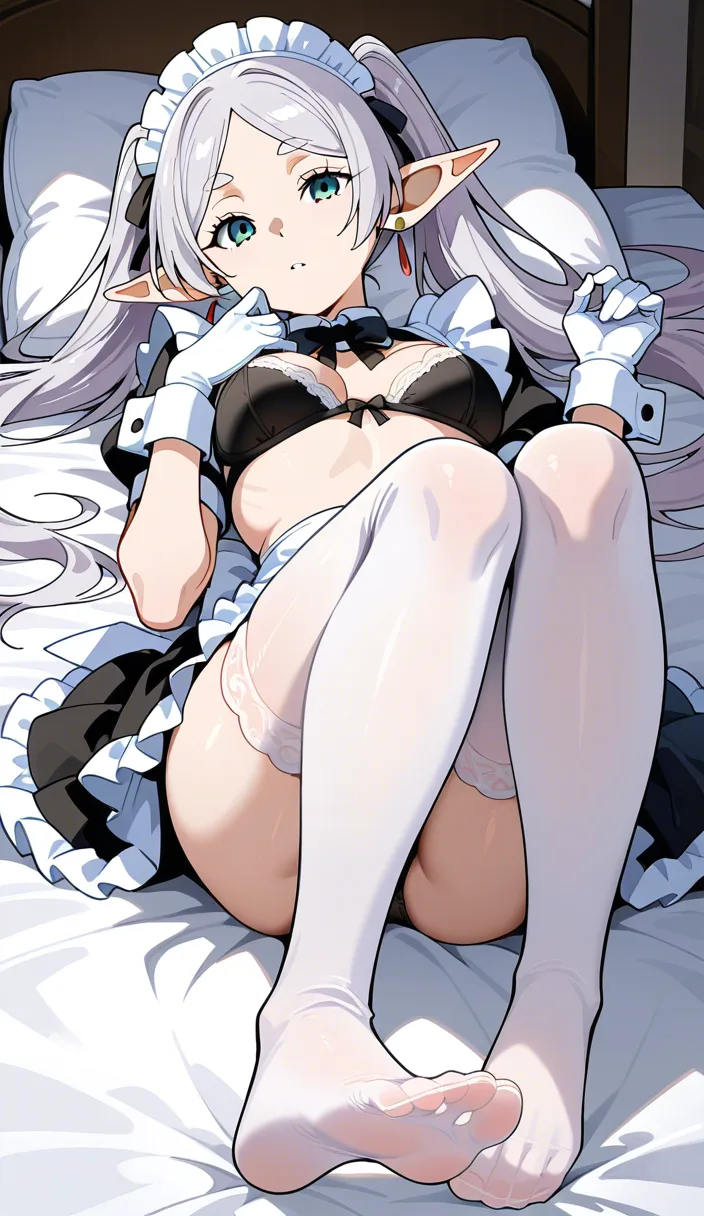 @frieren #bra #white_gloves #white_thighhighs #on_back #feet #foot_focus #maid_headdress, hentai_studio_quality