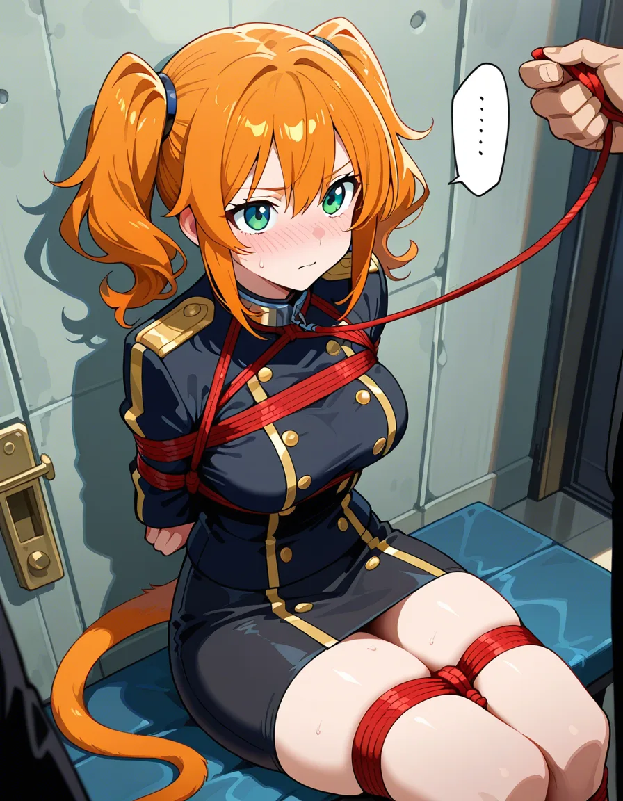 masterpiece, fine detail, solo focus, buttons, tail, bondage, submissive blush, soft cel shading, hentai_studio_quality