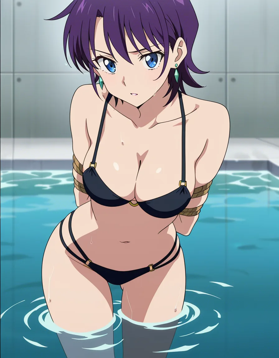 best quality, polished, witch, cleavage, earrings, bondage, water, doujin style, (anime style:1.3), 2d, anime screencap, cel shading, flat color, @00osamio00