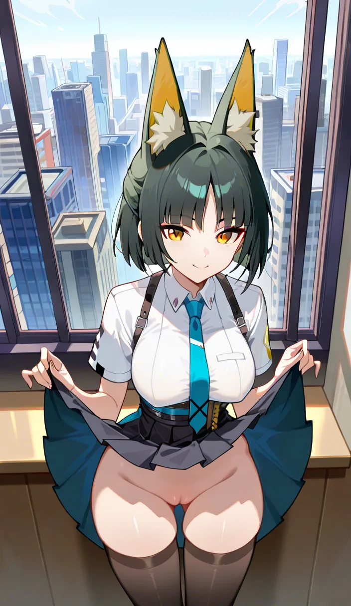 masterpiece, no zzz, no z, zenless zone, hoshimi miyabi, natural medium_breasts not hanging, outfit, breats are hidden, black thigh-high  stockings, lifted skirt up, city window background, no panties, look at viewer, cameltoe, smile,, dont  hentai_studio_quality out of prompt., hentai_studio_quality, hentai_studio_quality, hentai_studio_quality, hentai_studio_quality, hentai_studio_quality, hentai_studio_quality, hentai_studio_quality, hentai_studio_quality, hentai_studio_quality, hentai_studio_quality, hentai_studio_quality, hentai_studio_quality, hentai_studio_quality, hentai_studio_quality, hentai_studio_quality, hentai_studio_quality, hentai_studio_quality, hentai_studio_quality, hentai_studio_quality, hentai_studio_quality