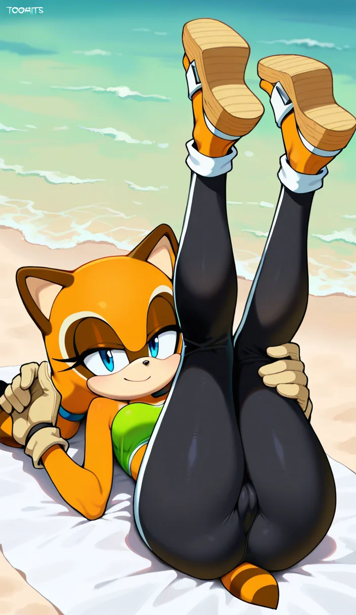 Masterpiece, Original style Marine The Raccoon from Sonic Adventure, looking_at_viewer , full body, natural perky medium breasts, lying on blanket, Cameltoe, lime green tube top with white trim, black capri leggings, tan gloves, and lime green closed-toe sandals with white ankle-cuffs, beach background, legs up on air, happy smile, tooths, look at viewer ... single continuous shot, full widescreen view, one single image, uninterrupted scene, no borders, no panels, wide angle cinematic photograph, single perspective, edge-to-edge frame, A 2.5D hybrid anime style illustration of Stylized character art combining flat 2D anime linework with soft 3D volumetric shading. Clean vector contours, smooth gradient textures, subtle depth of form, and ambient soft lighting. Deep dimensional occlusion shadows, hand-painted aesthetic, crisp anime cell details. Pure digital illustration, unfiltered, raw graphics, zero photograph elements, zero cinematic filters., hentai_studio_quality, hentai_studio_quality, hentai_studio_quality, hentai_studio_quality, hentai_studio_quality, hentai_studio_quality, hentai_studio_quality