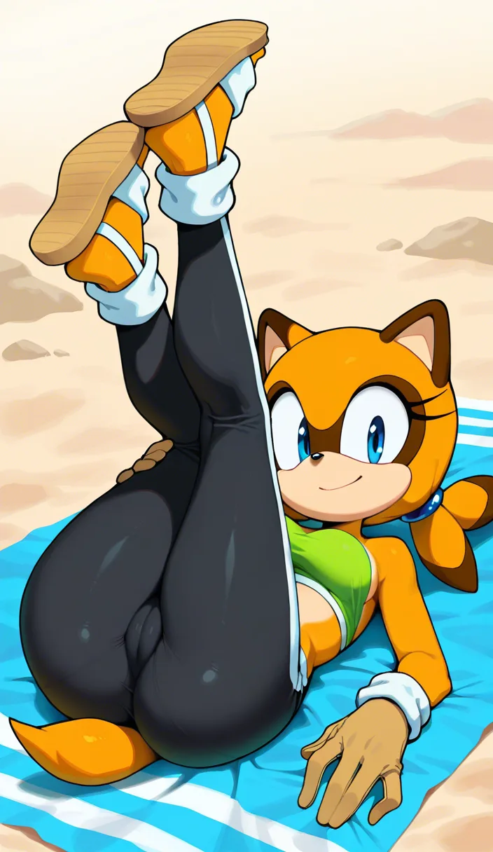 Masterpiece, Original style Marine The Raccoon from Sonic Adventure, looking_at_viewer , full body, natural perky medium breasts, lying on blanket, Cameltoe, lime green tube top with white trim, black capri leggings, tan gloves, and lime green closed-toe sandals with white ankle-cuffs, beach background, legs up on air, happy smile, tooths, look at viewer ... single continuous shot, full widescreen view, one single image, uninterrupted scene, no borders, no panels, wide angle cinematic photograph, single perspective, edge-to-edge frame., hentai_studio_quality, hentai_studio_quality