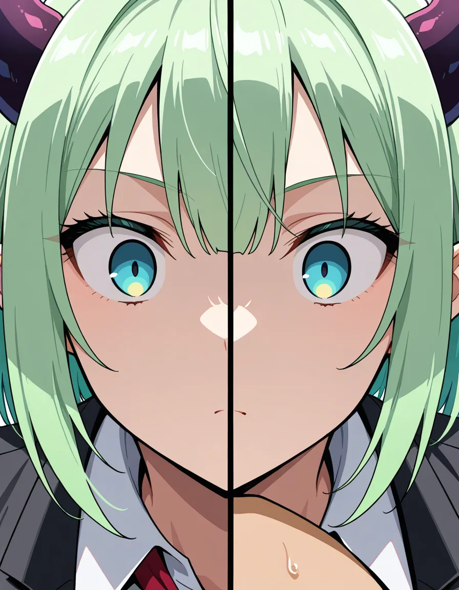 ultra detailed, demon girl, collared shirt, facesitting, dominant stare, close-up, detailed shading, hentai_studio_quality
