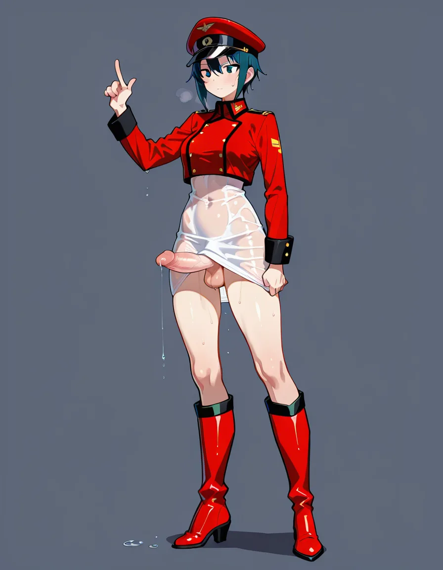 futanari, Futanari, 1futa, small erect penis, 
Wearing long white transparent dress, with penis completely under dress. (Erect penis and nipples showing under dress), erect penis under dress,  penis pointing up,  wet patch at top of penis ,  no panties, thigh high red boots , open red military style jacket , hands on hips., 30 year old, standing in bar , braided black hair, blue eyes, heart shaped face, beautiful. s, score_9, score_8, 3d render, octane render, subsurface scattering, ray tracing, smooth shading, score_9, score_8, 3d render, octane render, subsurface scattering, ray tracing, smooth shading, score_9, score_8, 3d render, octane render, subsurface scattering, ray tracing, smooth shading