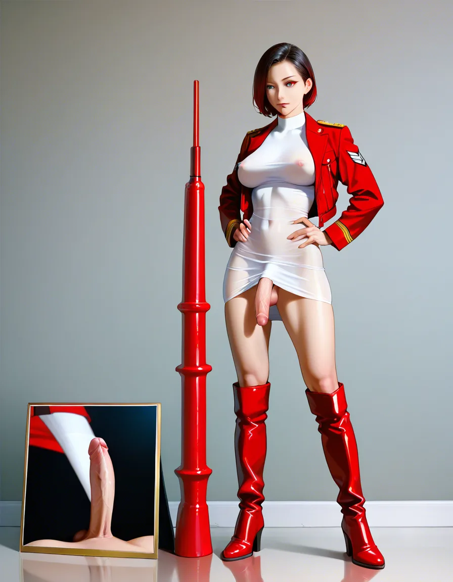 RAW photo, ultra realistic, Futanari, 1futa, small erect penis, Wearing long white transparent dress, with erect penis under dress, dress stretched by penis. (Erect penis and nipples showing under dress), no panties, thigh high red boots , open red military style jacket , hands on hips., 30 year old, standing in bar , braided black hair, blue eyes, heart shaped face, beautiful,, score_9, score_8, 3d render, octane render, subsurface scattering, ray tracing, smooth shading