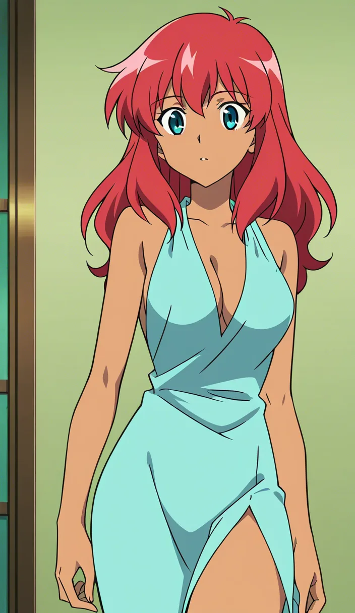 masterpiece, best quality, redhead woman, cowgirl position, dark-skinned female, cocktail dress, soft anime shading