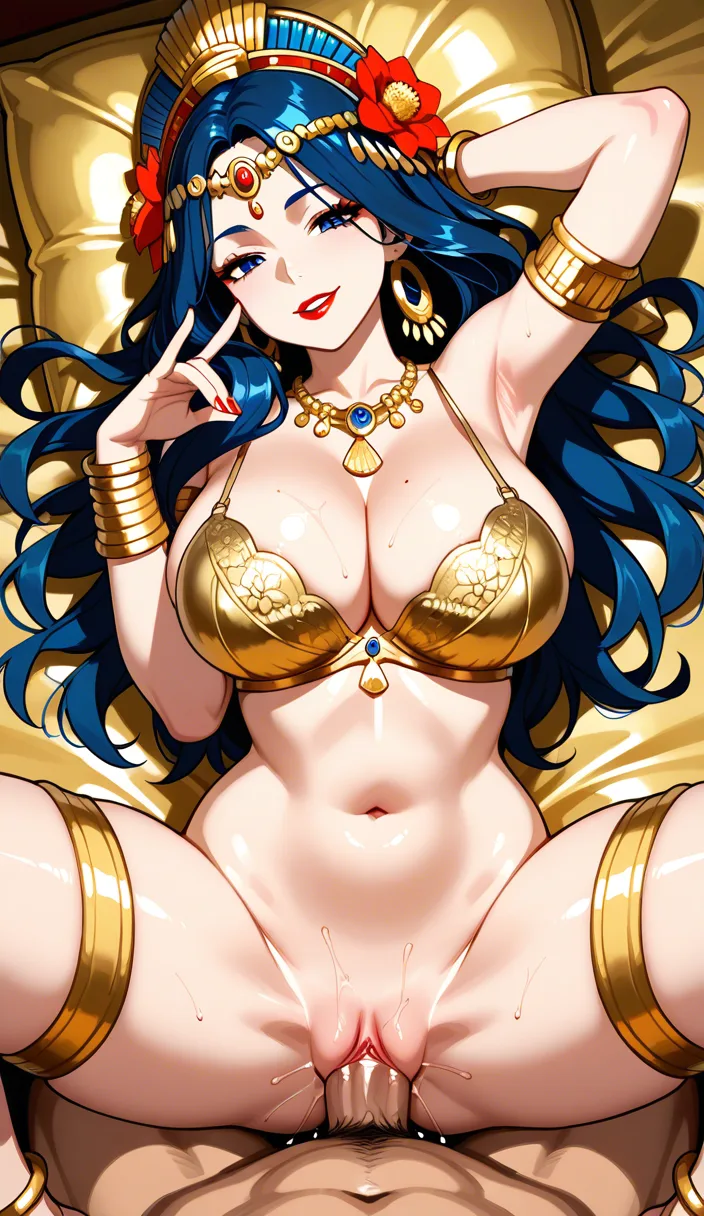 Real Graceful Hindu goddess Mother Maa Durga with fair skin and multiple arms and natural curvy figure having sex with viewer from_front_position, missionary position deep penetration on a golden bed, pov vaginal sex, sexy erotic smile, devine look, bright red lipstick, nailpolish, gold Intricate triangle  cup bra with cleavage, adorned in intricate make up, armlets, bracelets, anklets, thighlets, cummerbund, ornaments, necklace, flowers around, mother being Seductive with the loose bra strap, and suggestive gesture, closup near her lips
