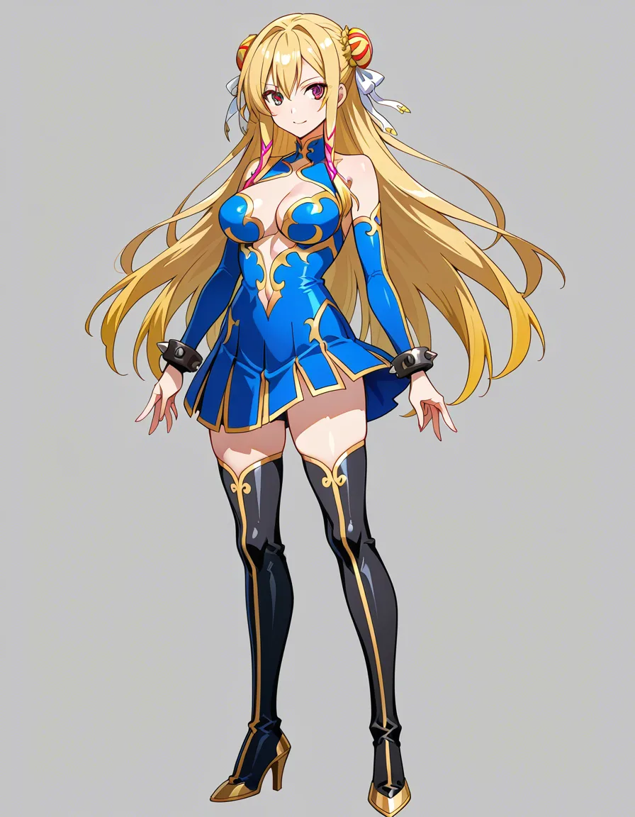 chun li com bunda grande usando uma calça legging azul e botas de cano alto, hentai_studio_quality