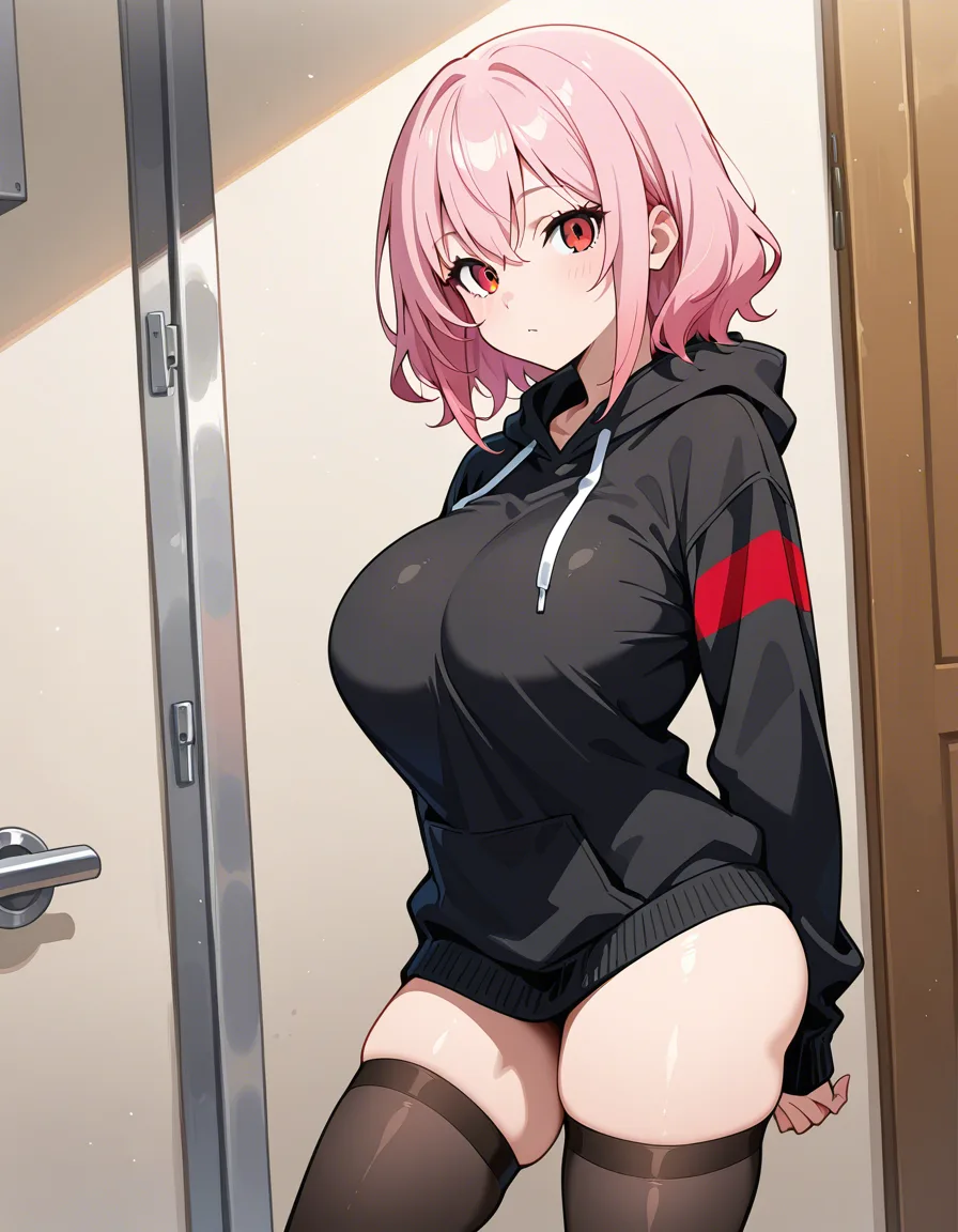 1girl huge_breasts thighhighs huge_ass pink_hair red_eyes black_hoodie no_pants ass_focus,, hentai_studio_quality