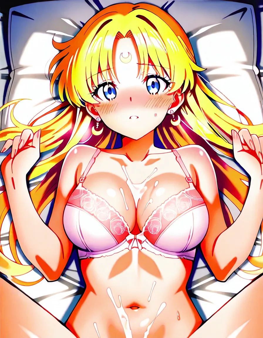 1boy 1girls ai_generated bangs bare_shoulders bed bed_sheet bedroom bishoujo_senshi_sailor_moon blonde_hair blue_eyes blush bow bra breasts collarbone crescent cum cum_on_body cum_on_breasts cum_on_clothes cum_on_lower_body cum_on_stomach cum_on_upper_body cum_string double_bun ejaculation erection facial hair_ornament heart hetero hi_res high_quality high_resolution indoors jewelry long_hair male_pubic_hair medium_breasts navel nipples on_bed panties parted_bangs parted_lips penis pillow pubic_hair purple_bra purple_panties seductive sexy sitting solo_focus twintails uncensored uncensored @usagi_tsukino veins very_long_hair, hentai_studio_quality