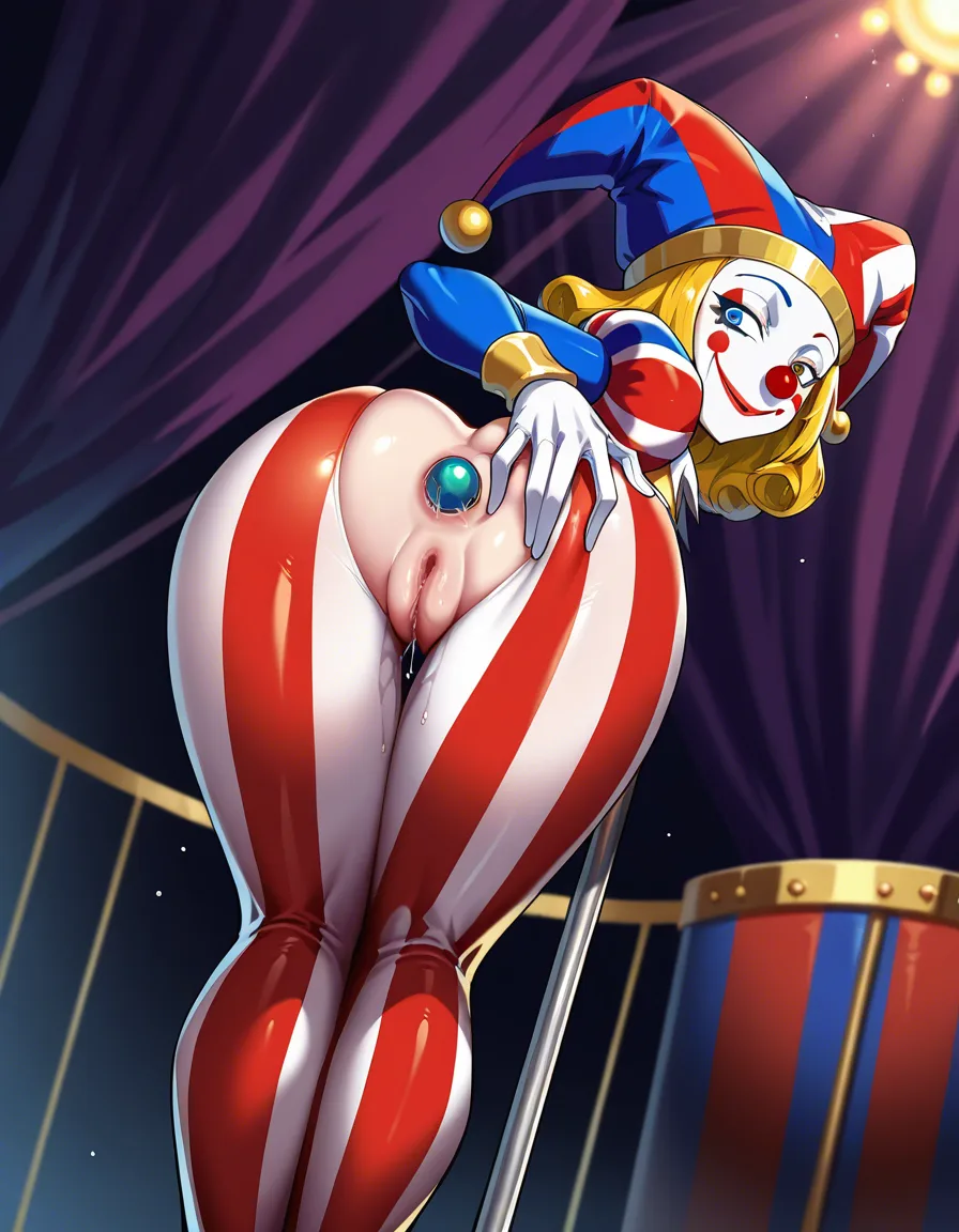 1 girl,anal balls,anal expulsion,anal object expulsion,ass bent over,circus,jester,clow,n,clown makeup,hand on own ass,legs together,pussy,pussy juice,solo,smile, standing, hentai_studio_quality