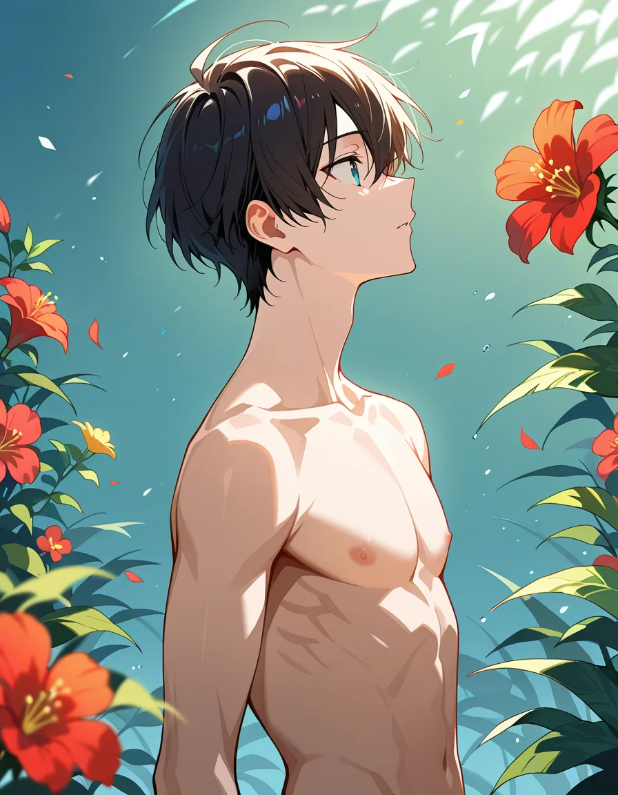 masterpiece, fine detail, 2boys, flower, topless, three-quarter view, detailed shading, hentai_studio_quality