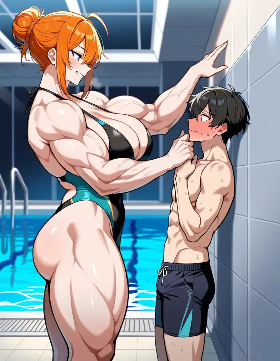 Giant muscular_female, adult male petite, extreme size_difference, extreme height_difference, female orange_hair short_hair hair_bun, swimwear, pool, cornered male pinned against_wall, assertive_female, intimate, dominant female looking_at_another, male hands_up, teasing, nervous blush male looking_up , male black medium_hair, female abs, female big biceps, female big shoulders, female thick_thighs, female huge_ass, female wide_hips, huge_breasts, gigantic tall female, bulging nipples, male bulge, male narrow_waist, lightweight male, domination, eye_contact, hentai_studio_quality