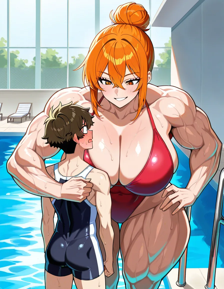 Giant muscular_female, adult male petite, extreme size_difference, extreme height_difference, very tall female, female orange_hair short_hair hair_bun, swimwear, pool, cornered male pinned against_wall, assertive_female, intimate, dominant female looking_at_another, male hands_up, teasing, nervous blush male looking_up , male black medium_hair, female abs, female big biceps, female big shoulders, female thick_thighs, female huge_ass, female wide_hips, huge_breasts, gigantic tall female, bulging nipples, male bulge, male narrow_waist, lightweight male, domination, eye_contact, hentai_studio_quality