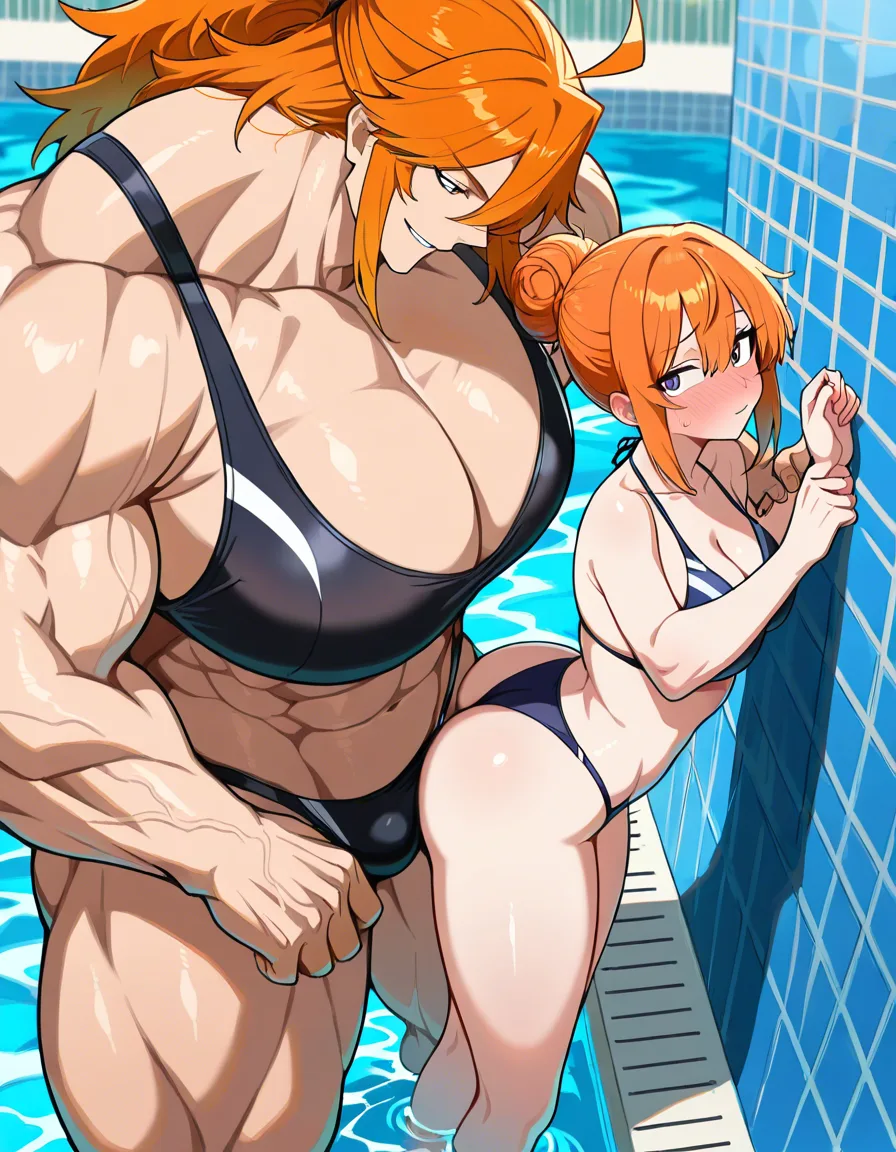 Giant muscular_female, adult male petite, extreme size_difference, large height_difference, female orange_hair short_hair hair_bun, swimwear, pool, cornered male pinned against_wall, holding_another's_wrist, assertive_female, intimate, female dominant stare, male hands_up, teasing, nervous blush male looking_up , male black medium_hair, tall female, female abs, female big biceps, female big shoulders, female thick_thighs, female huge_ass, female wide_hips, huge_breasts, bulging nipples, male bulge, male narrow_waist, lightweight male, domination, hentai_studio_quality