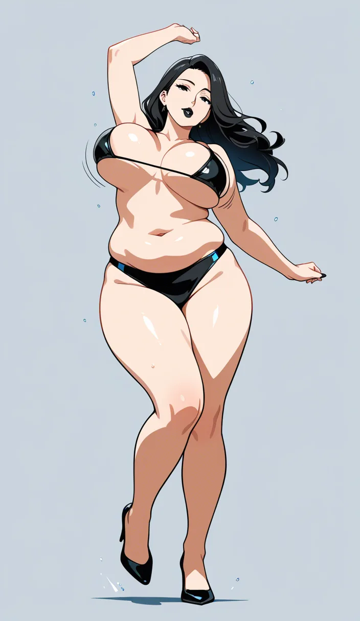 masterpiece, best quality, 

Woman, mature woman, adult, 29 years old, solo, 1female, long hair, black hair, black eyes, black lipstick, large breasts, large thighs, a bit chubby, wearing black bikini, 

standing up, (jumping ,bouncing_breasts:1.4, bouncing_breasts up and down),

front view, vivid colors, anime style, detailed skin texture, beautiful lighting, simple background