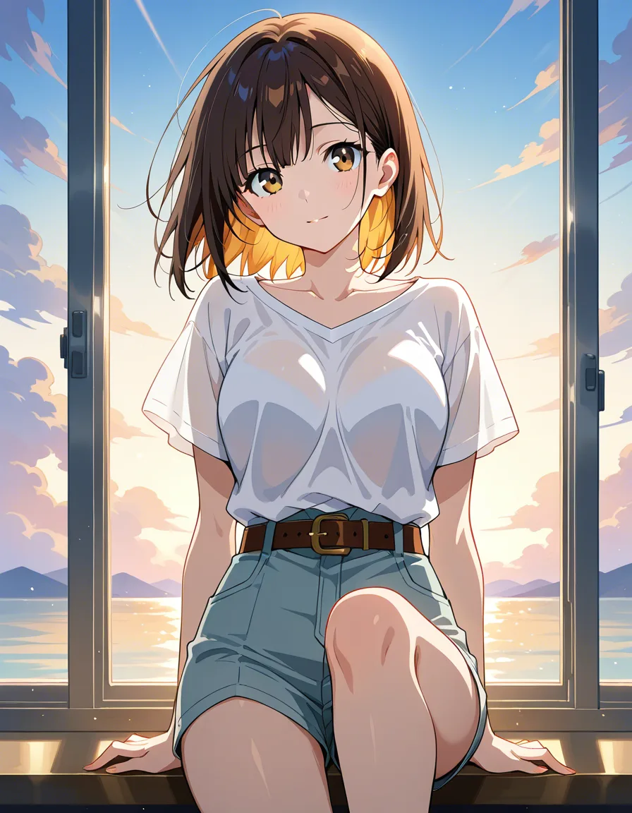 highly detailed, natural lighting, solo female, collarbone, belt, leg up, sky, rim light, lifelike render, hentai_studio_quality