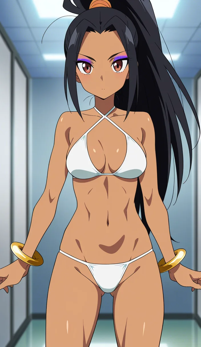 Horny, black haired, brown skinned, indian slim girl with bangles and makeup, aged 18 in ponytail, showing her tight small asshole to her tall muscular blond white beefy hunk daddy, (anime style:1.3), 2d, anime screencap, cel shading, flat color