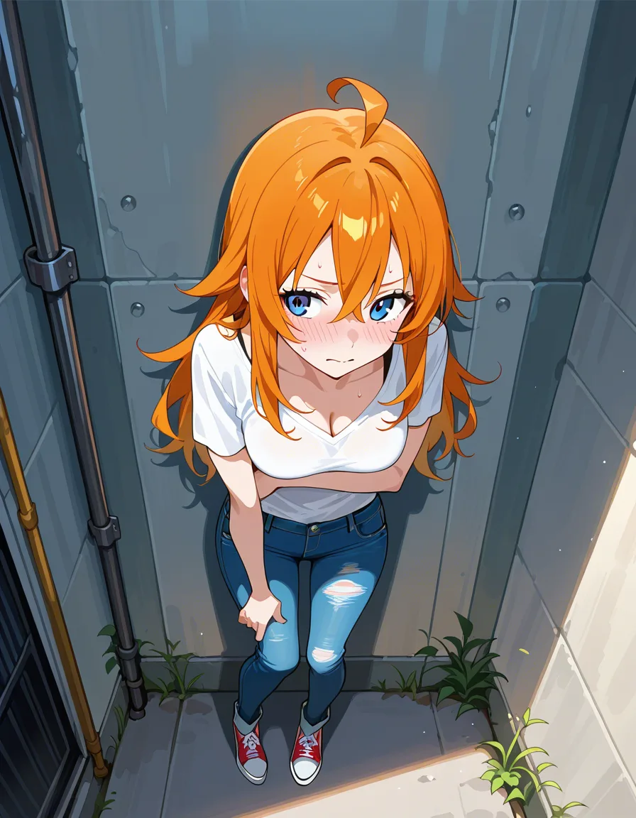 Girl in wrangler flared jeans. Up against a wall. Embarrassed and flushed look. from_above from_behind, hentai_studio_quality