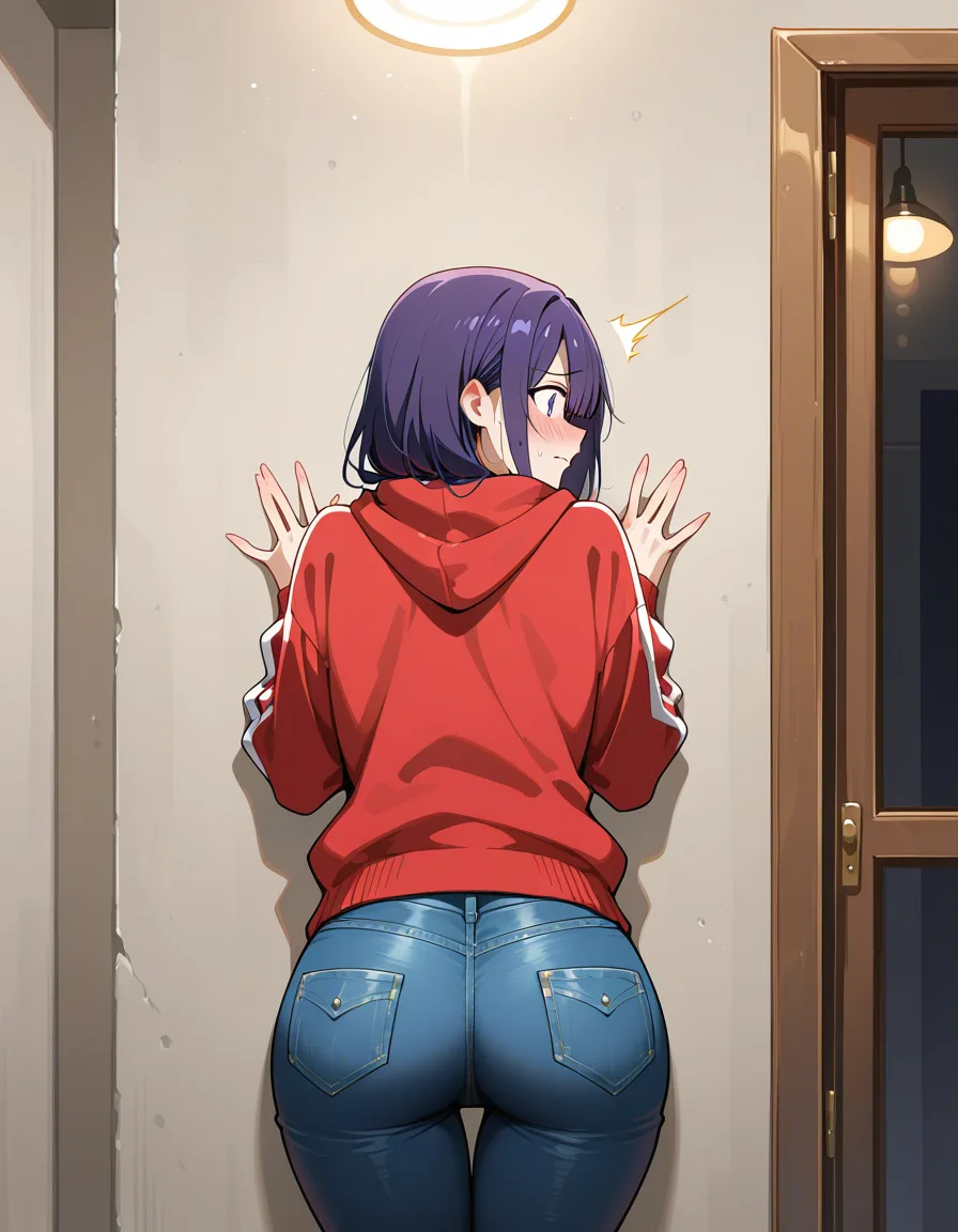 Girl in wrangler flared jeans. Up against a wall. Embarrassed and flushed look. from_behind. hentai_studio_quality, hentai_studio_quality