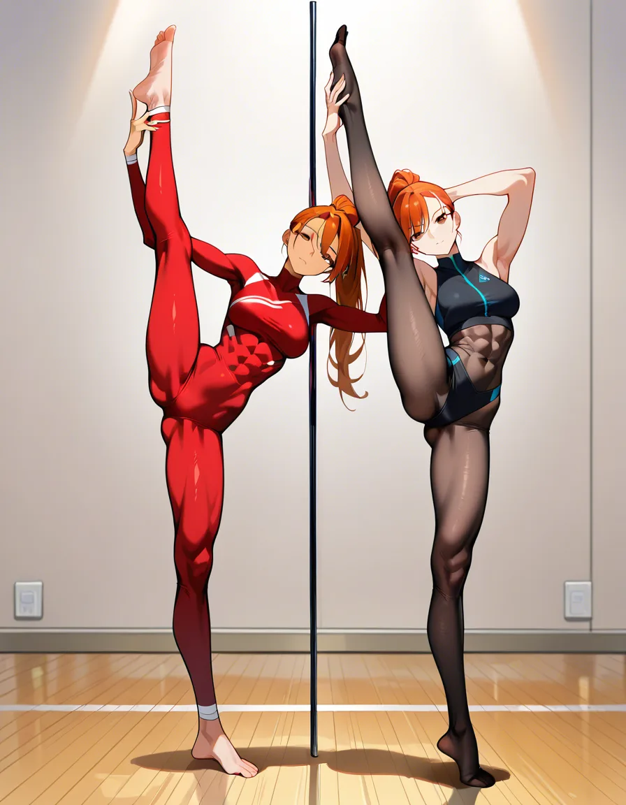 hot girl, full_body, girl doing splits while standing, standing_on_one_leg, splits, one foot over her head and one on the floor, oversplit, head_tilt, pantyhose, bodystocking, ponytail, athletic, girl has abs, gymnast, barefoot, long legs, auburn, tan, tall, hentai_studio_quality, exposed pussy, hard nipples, transparent nylon, hentai_studio_quality, hentai_studio_quality, hentai_studio_quality, (anime style:1.3), 2d, anime screencap, cel shading, flat color, @00osamio00