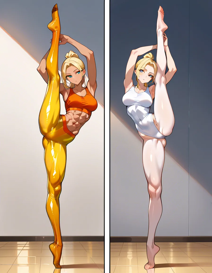 hot woman, full_body,woman doing splits while standing, standing_on_one_leg, splits, one foot over her head and one on the floor, oversplit, head_tilt, gold transparent pantyhose, transparent white bodystocking, ponytail, athletic, woman has abs, gymnast, barefoot, long legs, blonde, on pointe, tan, tall, slim, narrow_waist, hentai_studio_quality, exposed pussy, hard nipples, transparent nylon, visible pussy, no underwear, hentai_studio_quality, score_9, score_8, cinematic film still, anamorphic, film grain, dramatic lighting, shallow depth of field, score_9, score_8, 3d render, octane render, subsurface scattering, ray tracing, smooth shading, score_9, score_8, cinematic film still, anamorphic, film grain, dramatic lighting, shallow depth of field, score_9, score_8, candid photo, realistic skin texture, visible skin pores, film grain, depth of field, score_9, score_8, amateur photo, phone snapshot, realistic skin texture, skin blemishes, soft indoor lighting, hentai_studio_quality
