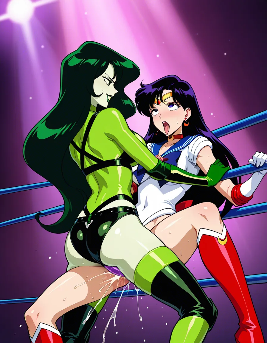 Shego, @sailor_moon , 2girls yuri sex , wrestling_ring, wrestling orgasm pussy_juice, defeated,, squirting bruises, ahegao , strap-on, vaginal_object_insertion, hentai_studio_quality