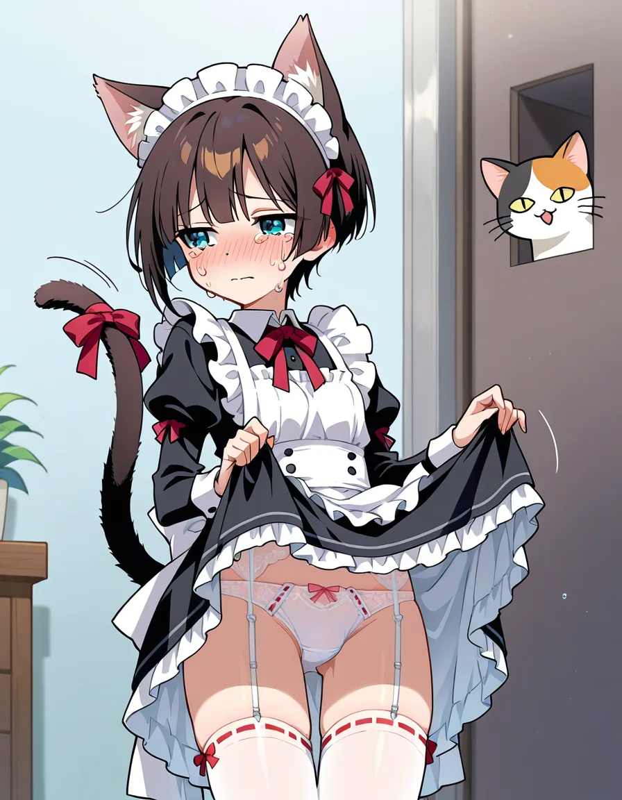 otoko_no_ko, short_hair, cat, cat_ears, cat_tail, cat_boy, shy, crying, maid, maid dress, maid_headdress, ribbon, ribbon_trim, skirt, skirt_lift, pantyshot, underwear, white panty, hentai_studio_quality
