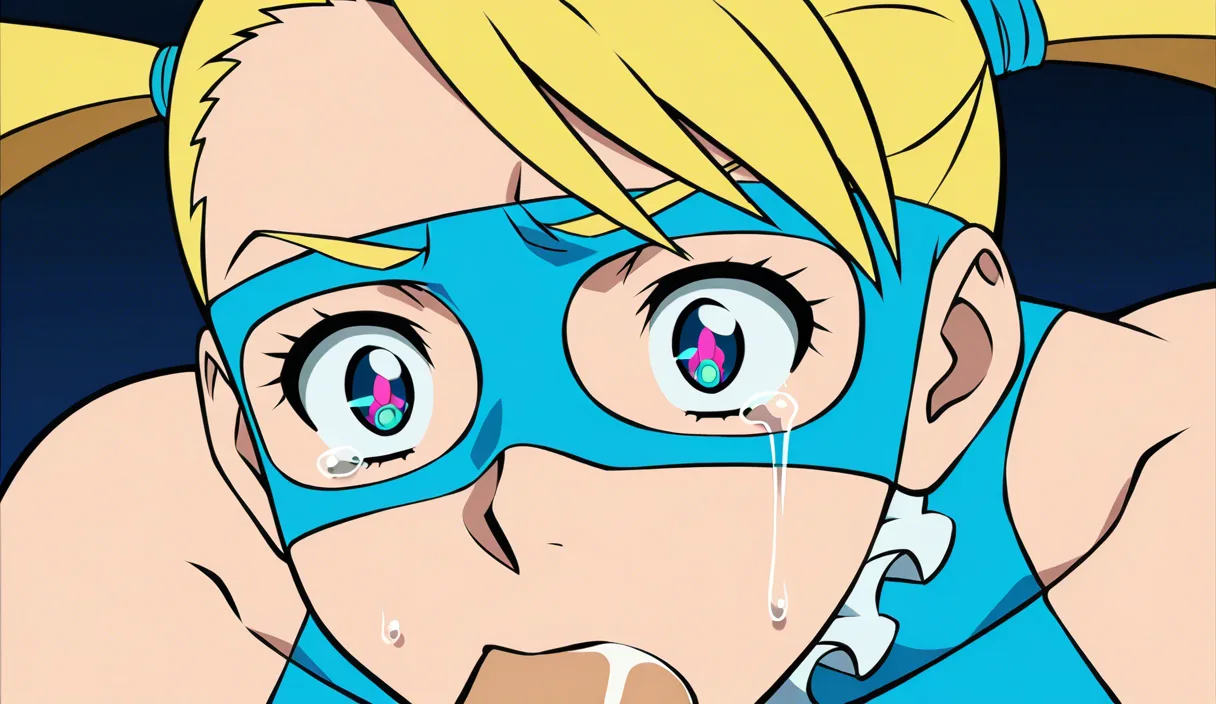 Rainbow Mika from Street Fighter, wearing a blue domino mask, giving me a deepthroat blowjob, extremely shocked teary eyes