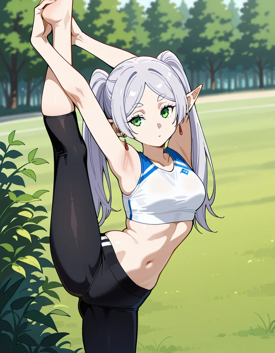 /best_quality /ultra_detailed /highres @frieren #crop_top #leggings #leg_up #stretching #outdoors, hentai_studio_quality