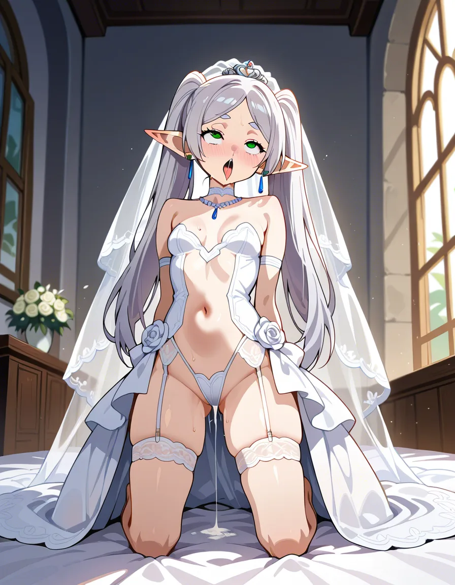 /best_quality /ultra_detailed /highres @frieren #@_@ #wedding_dress #bridal_veil #bridal_garter #revealing_clothes #kneeling #ahegao #small_breasts, hentai_studio_quality