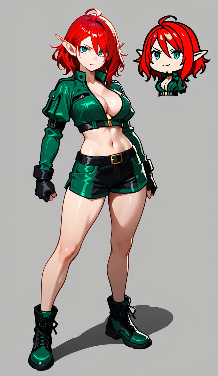 studio quality, sharp focus, redhead woman, shorts, elf