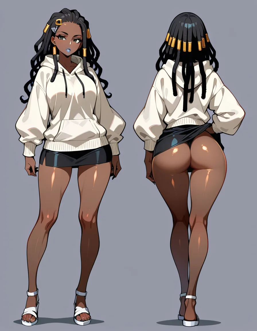 masterpiece, best quality, dark dark-skinned_female, grey lipstick, medium height, sandals, short skirt, skirt_lift ,puffy_sleeves, hoodie, long legs, full_body, feet, shiny_skin, round ass, ass_visible_through_thighs, curly_hair, long_hair, dreadlocks, hair_ornament , black hair, heart-shaped_pupils, teasing viewer, feet_lift, leg_lift, cock in face, pov, outdoors, grocery store, evening time, dim lighting, hentai_studio_quality, selfie, hentai_studio_quality, (anime style:1.3), 2d, anime screencap, cel shading, flat color, @00osamio00, (anime style:1.3), 2d, anime screencap, cel shading, flat color, @00osamio00, score_9, score_8, 3d render, octane render, subsurface scattering, ray tracing, smooth shading, score_9, score_8, 3d render, octane render, subsurface scattering, ray tracing, smooth shading