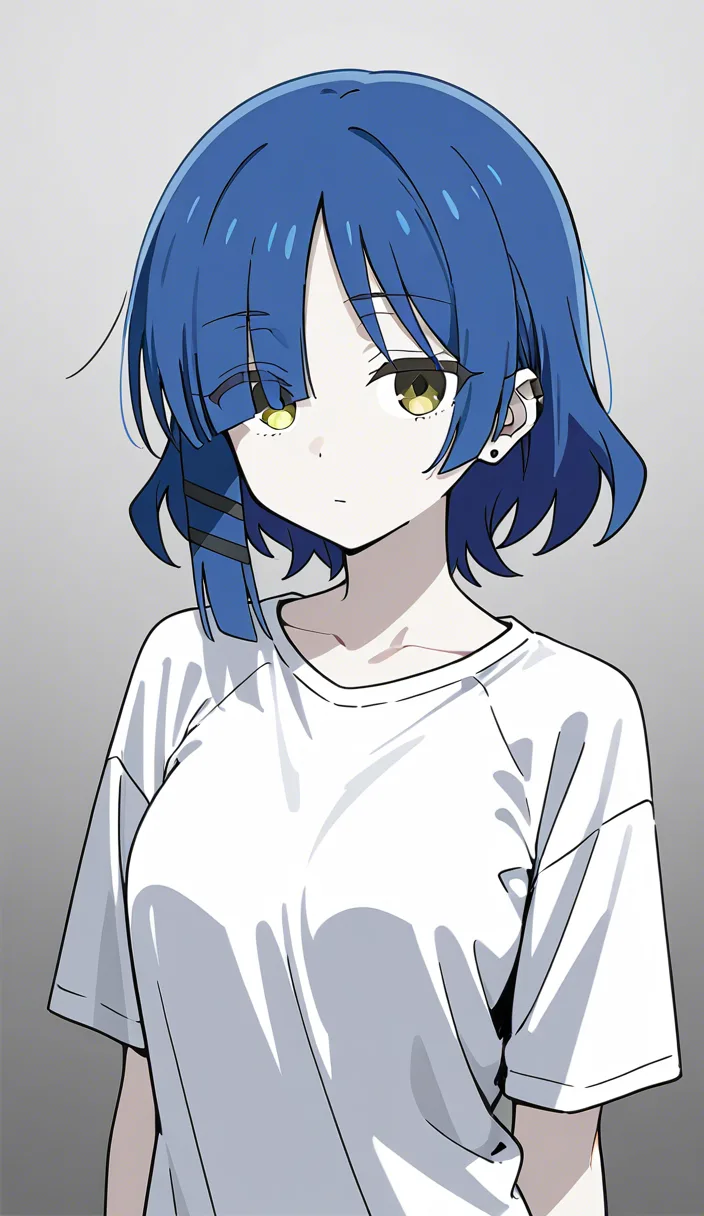 Draw the character Ryo Yamada from Bocchi the Rock, with short blue hair, pale white skin, and take off her shirt.