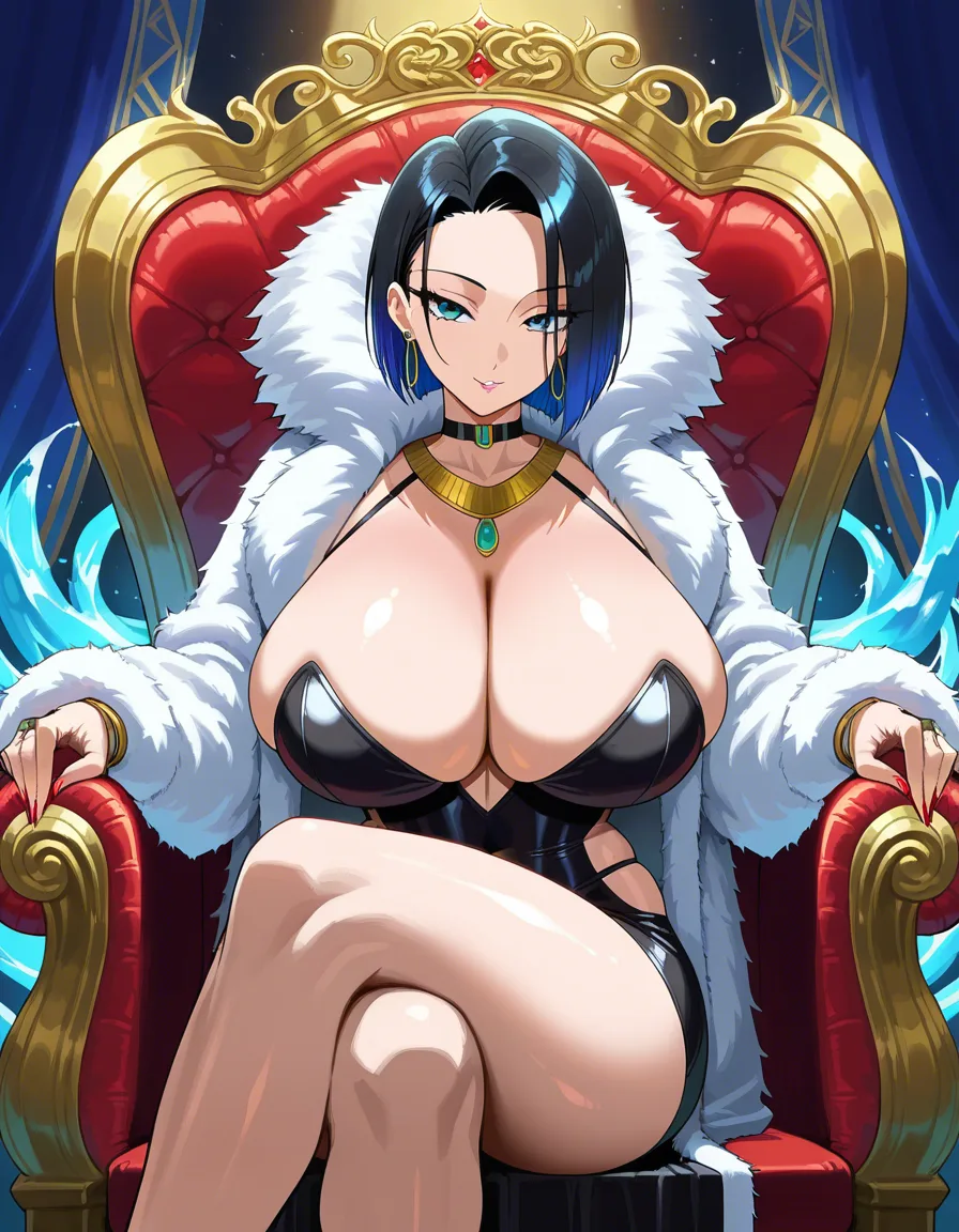 (hot busty beauty girl), 24yo supermodel LUC1LL3, short stylish hair, beauty face, huge breasts, sit seductive on a throne, fur coat, jewelry, romantic gaze, dynamic pose, sexy environment, hentai_studio_quality