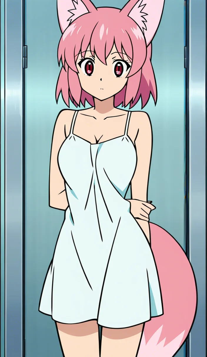 mature_female sundress undressing pink_hair red_eyes fox_woman nude pink fox_ears pink fox_tail