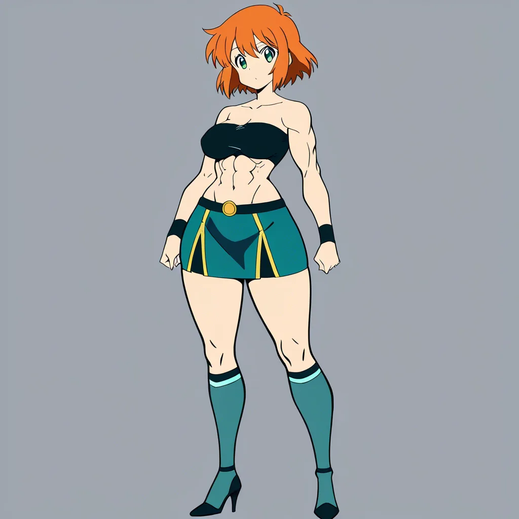 Short athletic body women with small boobs, big round butt and thick thighs with some muscular definition. Wearing a tube top and short skirt with knee high socks and transparent heels. She has a belly ring