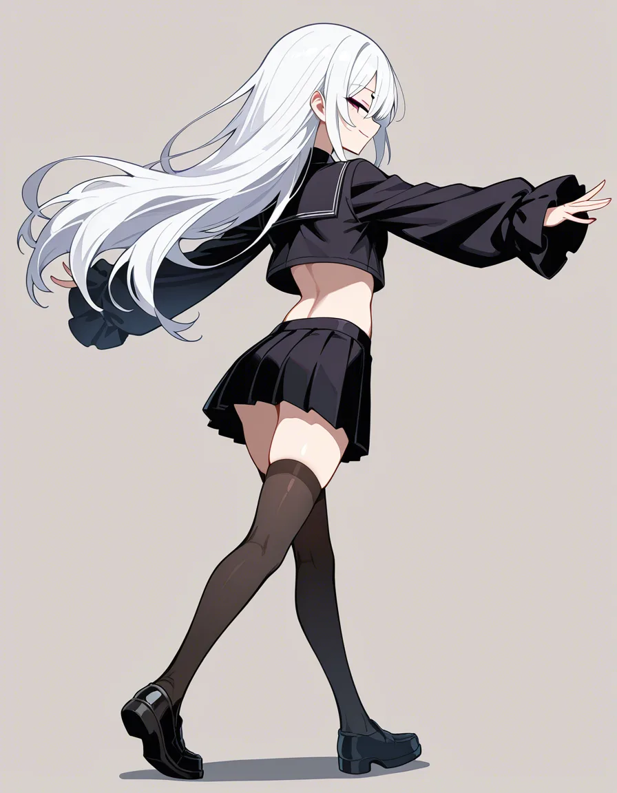 masterpiece, profile , white hair, standing, pretty body, full_body , from_behind, spread_arms , long_hair, doujin style,1girl, open_arms, gothic girl, crop top blach, pleated skirt, skirt, thighhighs , long hair, smile, walking, cute half-closed_eyes, seductive_smile, big boobs, big hips, belly, lingerie stockings, black_gloves, hentai_studio_quality