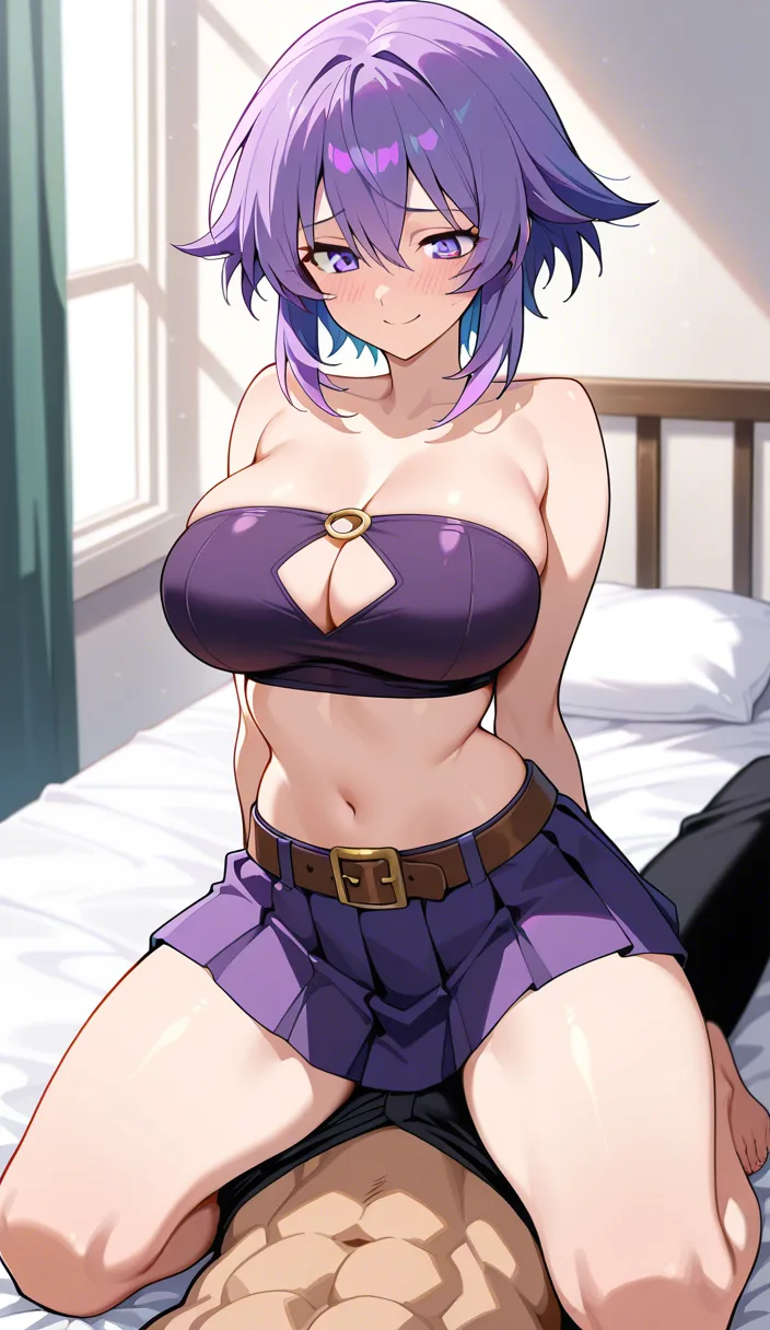 masterpiece, Purple-haired anime girl, short spiky bob, purple eyes, large_breasts , purple heart-cutout tube top, purple pleated mini skirt with belt, curvy body, anime style, sitting_on_person, sitting , kneeling , beauty illumination, fuck, open legs, smile, embarrassed, fucking, bed, solo girl, fuck,  arms_behind_head, cowgirl_position, from_below, ass_focus, ass , back looking_back, hentai_studio_quality