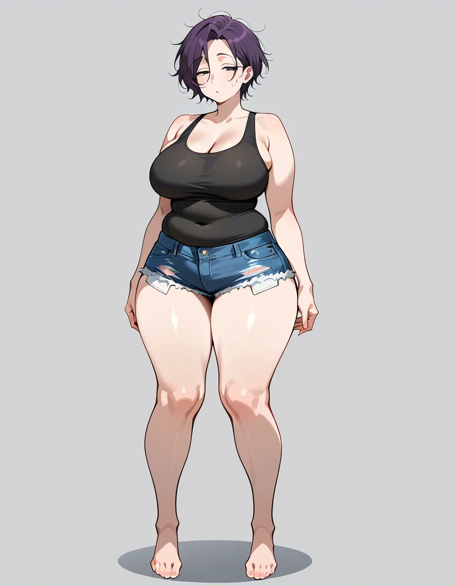 mature_female short_hair plump large_breasts wide_hips fat, half-closed_eyes messy_hair full_body tank_top denim_shorts barefoot bare_legs, hentai_studio_quality