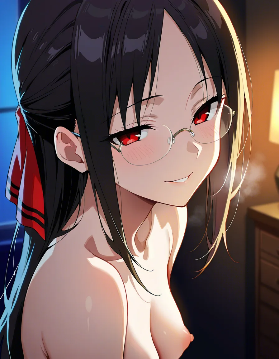 @shinomiya_kaguya, seductive_smile, small_breasts, /hentai_studio_quality, /masterpiece, /best_quality, /best_lighting, /ultra_detailed, /highres, no_bra, glasses, black_hair, dark_hair, looking_breasts, heavy_breathing,  no_shirt, close-up on breasts, hentai_studio_quality, facing_viewer, no_bra, red_eyes, hentai_studio_quality, hentai_studio_quality, hentai_studio_quality