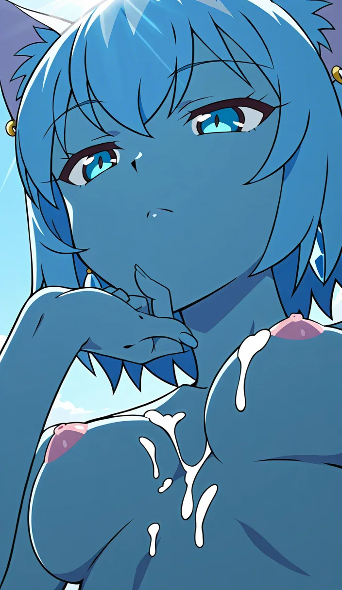 8k, sharp focus, detailed skin, catgirl, fingernails, earrings, cum on breasts, sunlight, low angle, film photography