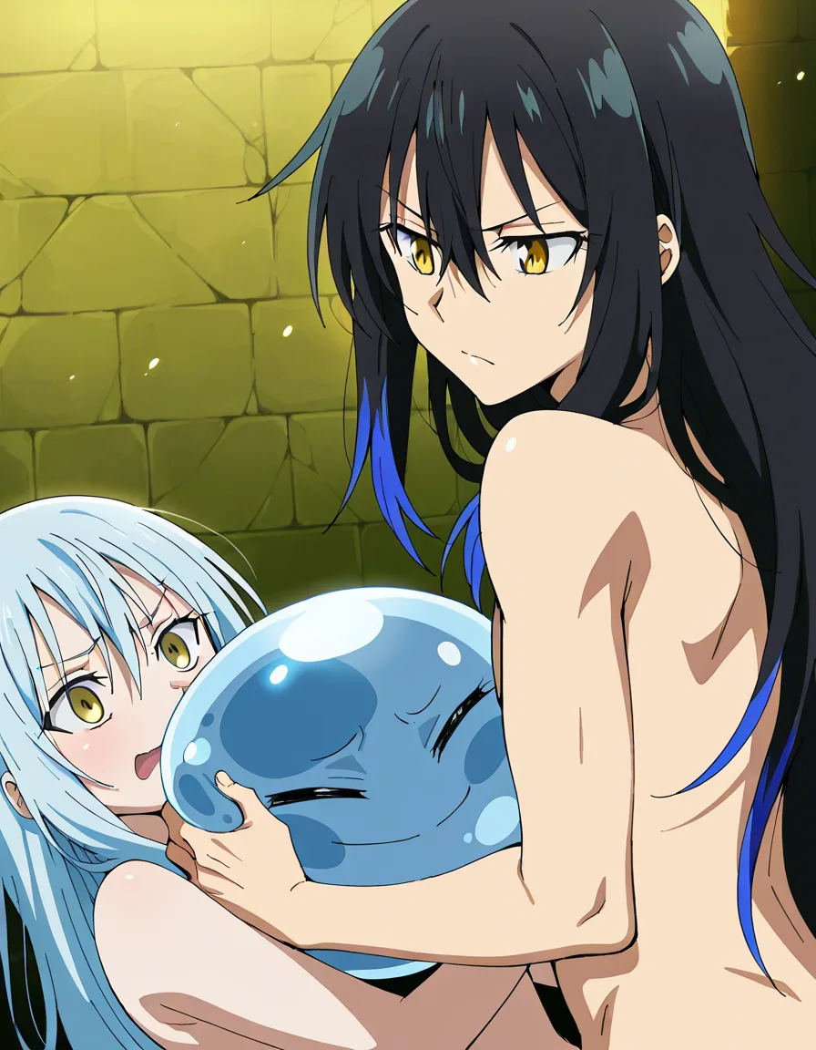 That Time I Got Reincarnated as a Slime, Rimuru Tempest human form, short silver-blue hair, golden eyes, soft androgynous face, exact face from anime, Veldora Tempest human form, long spiky black hair with blue tips, sharp masculine face, exact face from anime, both completely naked, Rimuru being fucked by Veldora from behind, doggy style, detailed penetration, sweaty bodies, ahegao on Rimuru, intense sex, highly detailed anime style, official art style, anime screencap quality, sharp focus, detailed faces, consistent character design, (anime style:1.3), 2d, anime screencap, cel shading, flat color